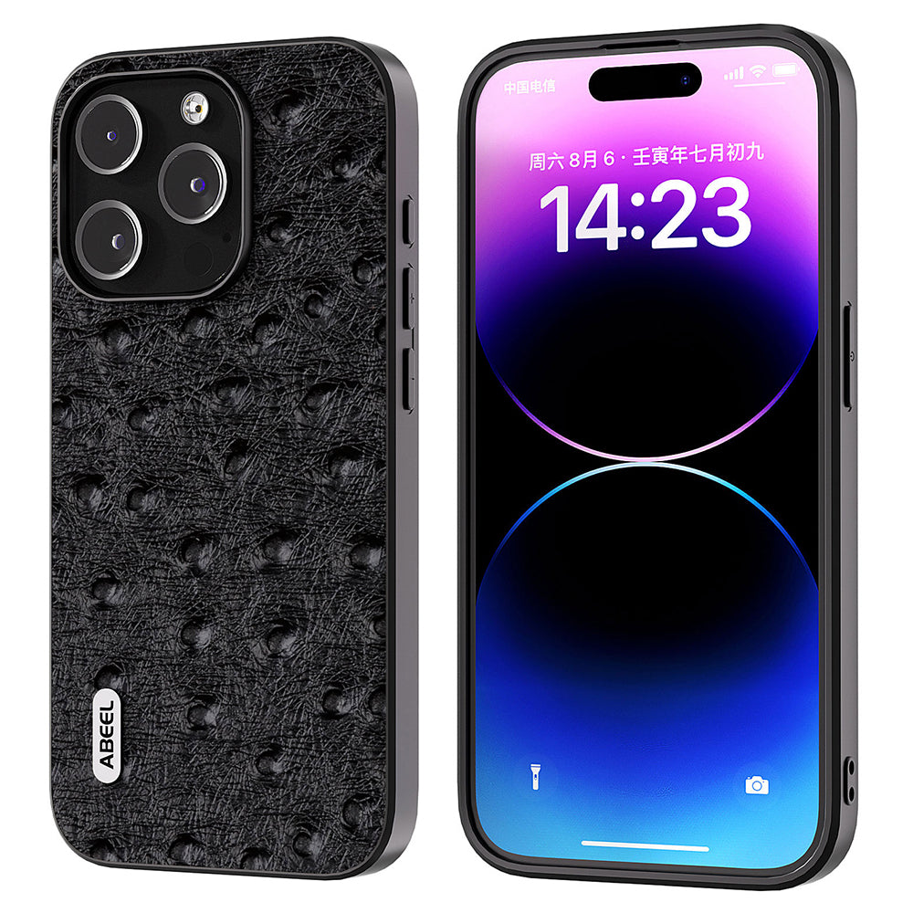 Kryt ABEEL Pštrosí textura pro iPhone 14 Pro originální pouzdro na telefon z hovězí kůže potažené PC TPU Kryt ABEEL Pštrosí textura pro iPhone 14 Pro originální pouzdro na telefon z hovězí kůže potažené PC TPU